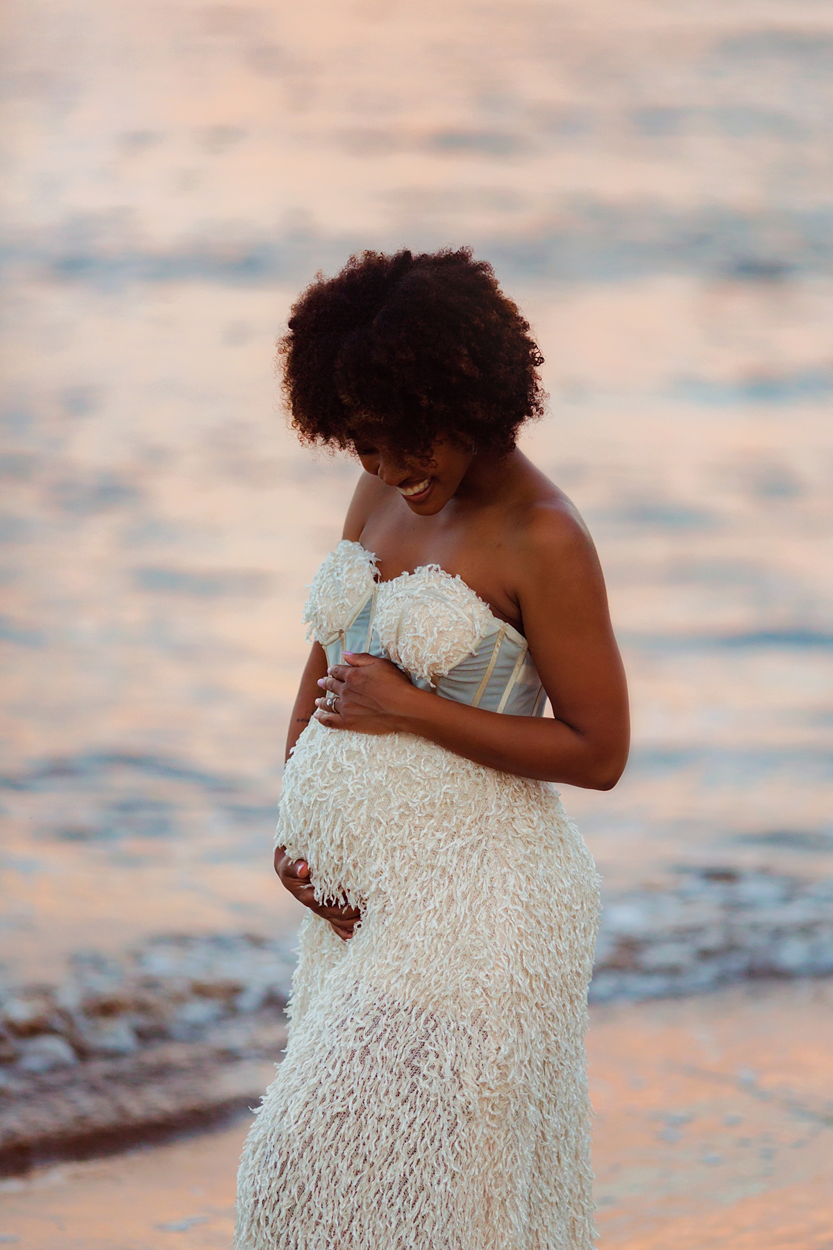 textured white maternity gown