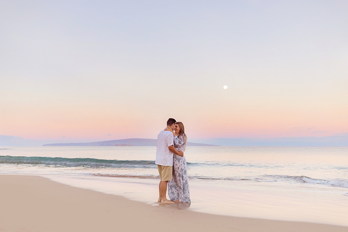 Pastel colors and a moon set on Maui for a Wailea couples portrait session