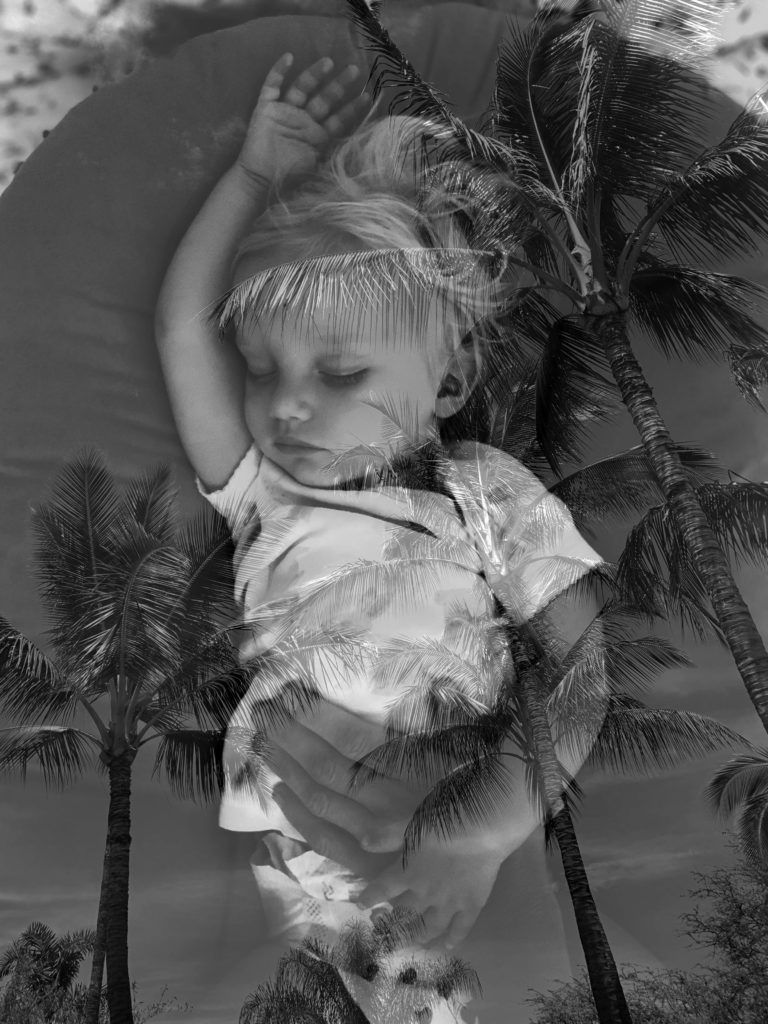 Palmtrees overlaid on a black and white image of a sleeping child the day Hawaii shut down for the pandemic in 2020.