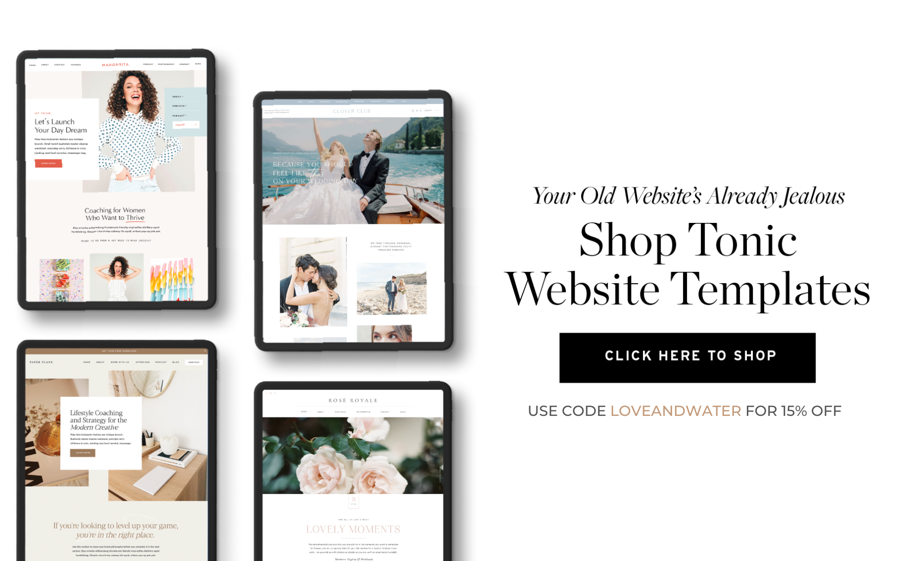 15% off tonic site shop website templates for photographers