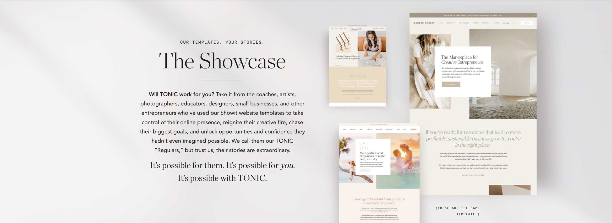 Tonic site shop showcase featuring love and water photography