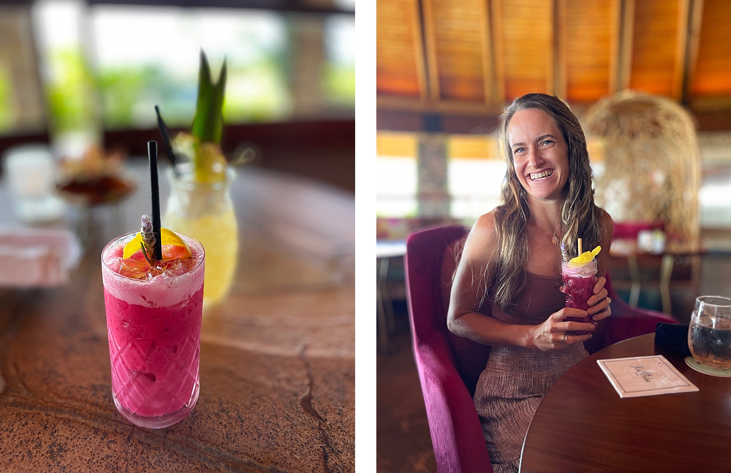 woman with long brown hair and purple dress holds pink tropical cocktail by the birdcage bar at Hotel Wailea on Maui hawaii