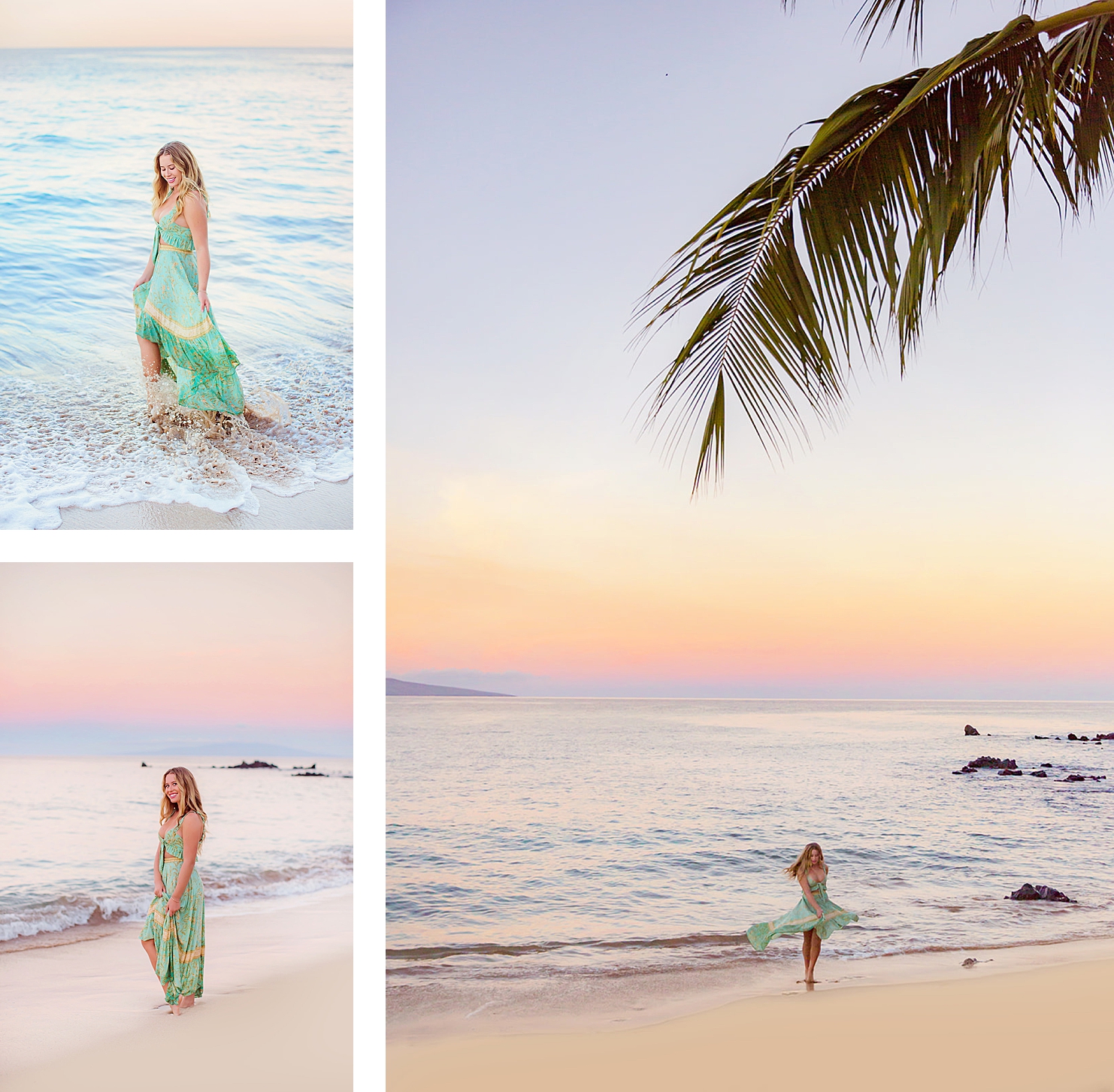 sunrise senior portraits in hawaii with pastel skies and senior girl wearing a green cotton dress