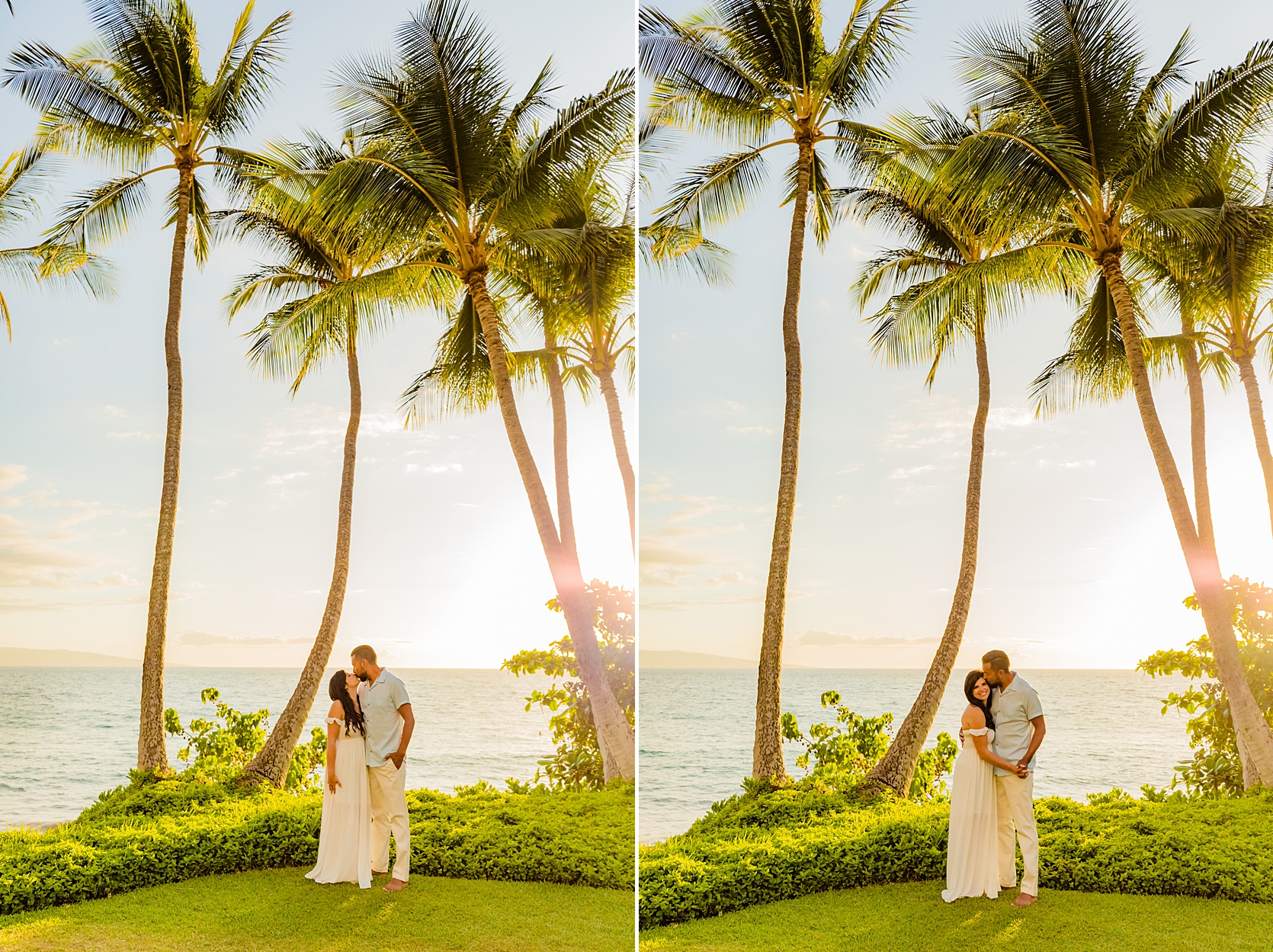 Maui honeymoon portrait of couple kissing under a palmtree with beach in the backdrop