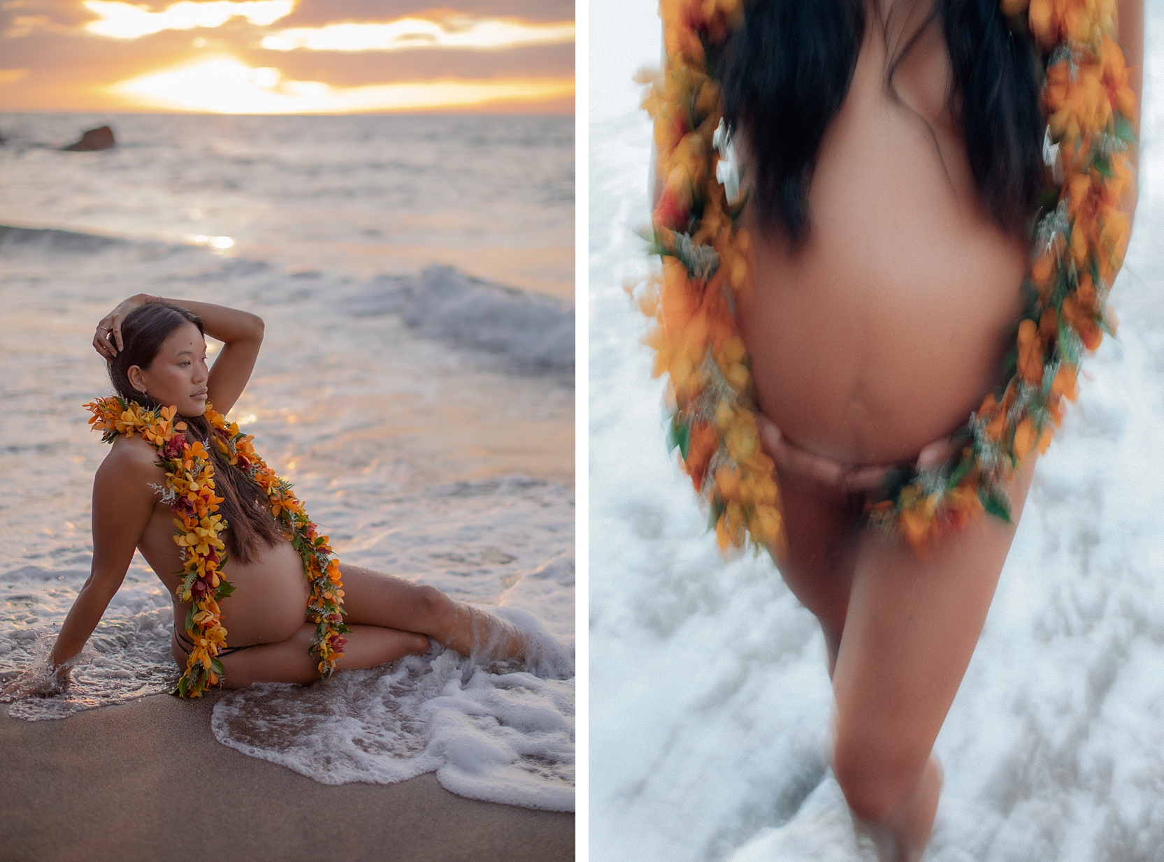 gender reveal idea with open-ended lei on pregnant woman for their love and water photography maternity session on maui