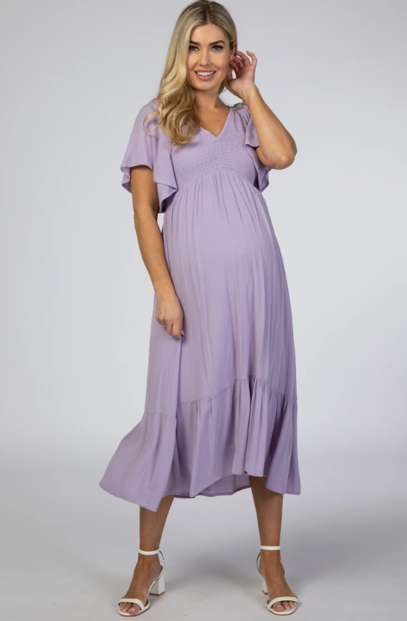 Lavender Smocked Ruffle Maternity Dress by pinkblush.