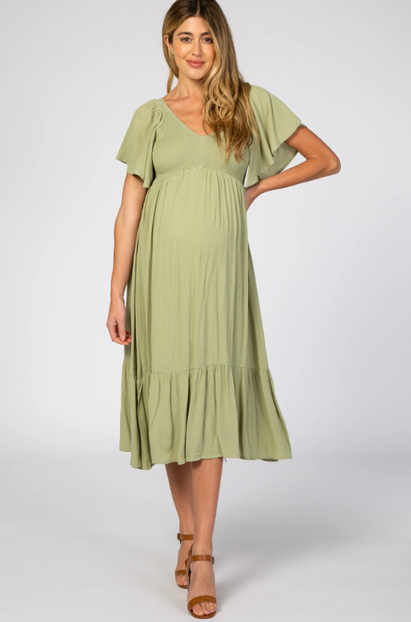 Light Olive Smocked Ruffle Maternity Dress by pinkblush.