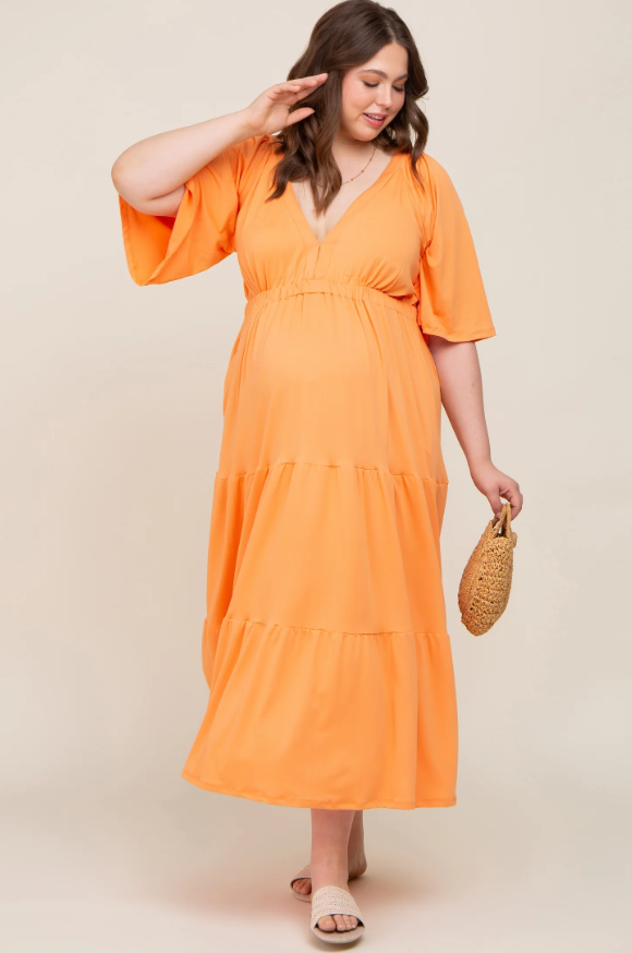 Orange Deep V-Neck Tiered Maternity Plus Maxi Dress