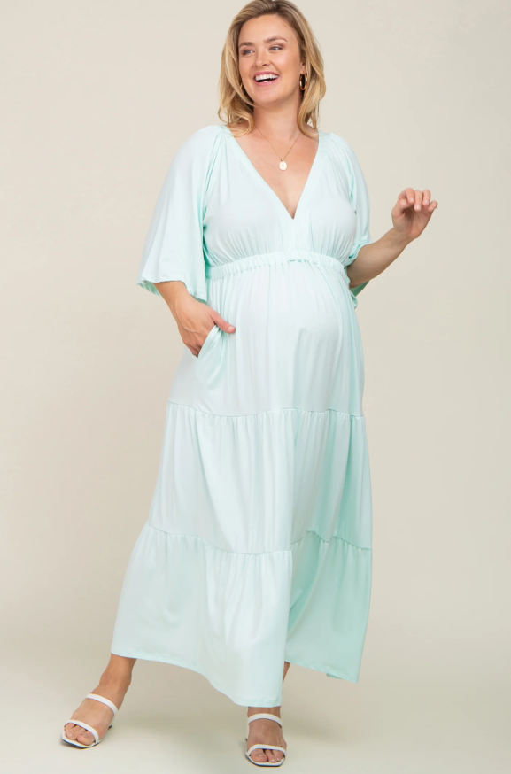 Mint Green Deep V-Neck Tiered Maternity Plus Maxi Dress