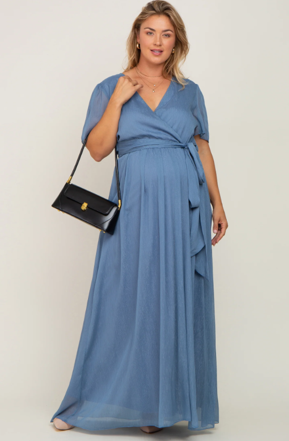 Blue Metallic Shimmer Chiffon Maternity Plus Maxi Dress