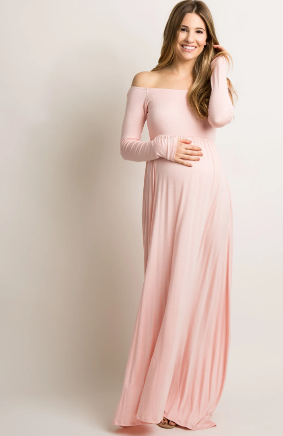 Petite Pink Solid Off Shoulder Maternity Maxi Dress