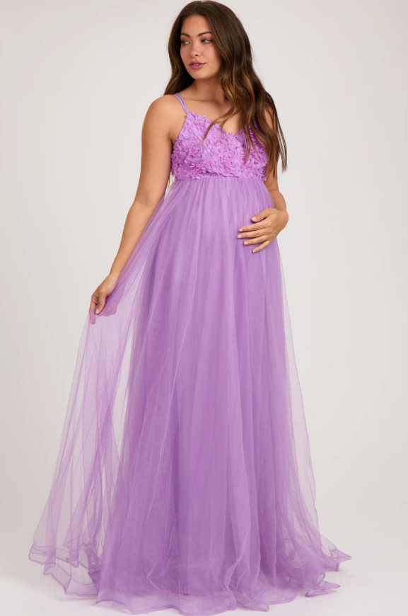 Purple Floral Applique Lace-Up Back Tulle Maternity Maxi Dress