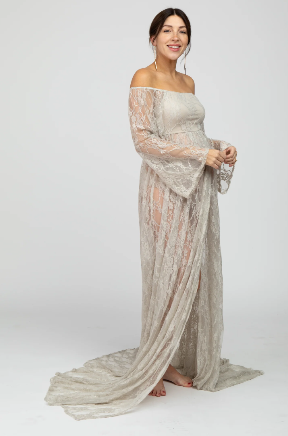 PinkBlush Taupe Lace Off Shoulder Maternity Photoshoot Gown/Dress