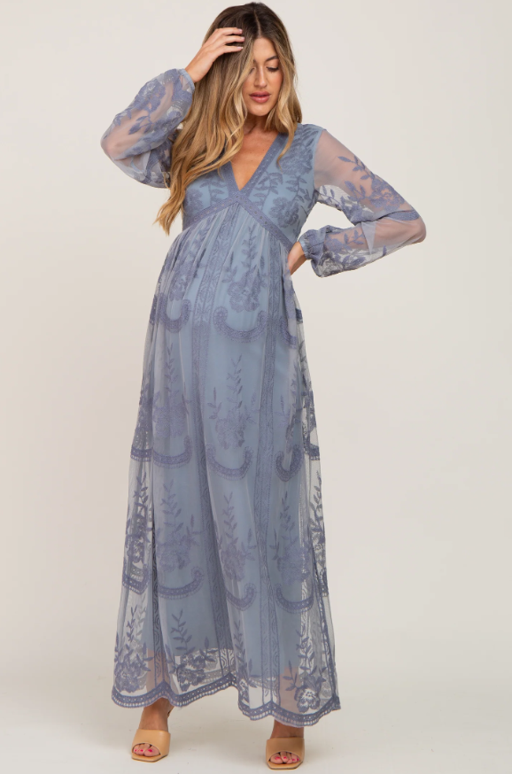 PinkBlush Blue Grey Lace Mesh Overlay Long Sleeve Maternity Maxi Dress