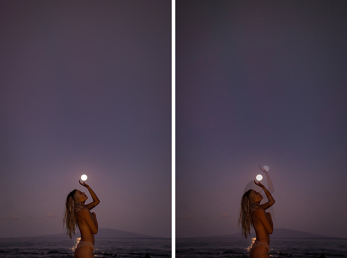 full moon boudoir portrait featuring woman who appears to be holding the  moon