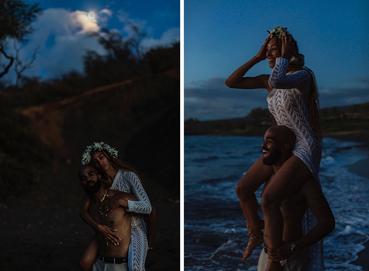 Playful blue hour portraits on Maui feautring a couple with woman on man's shoulders adjusting her floral crown.