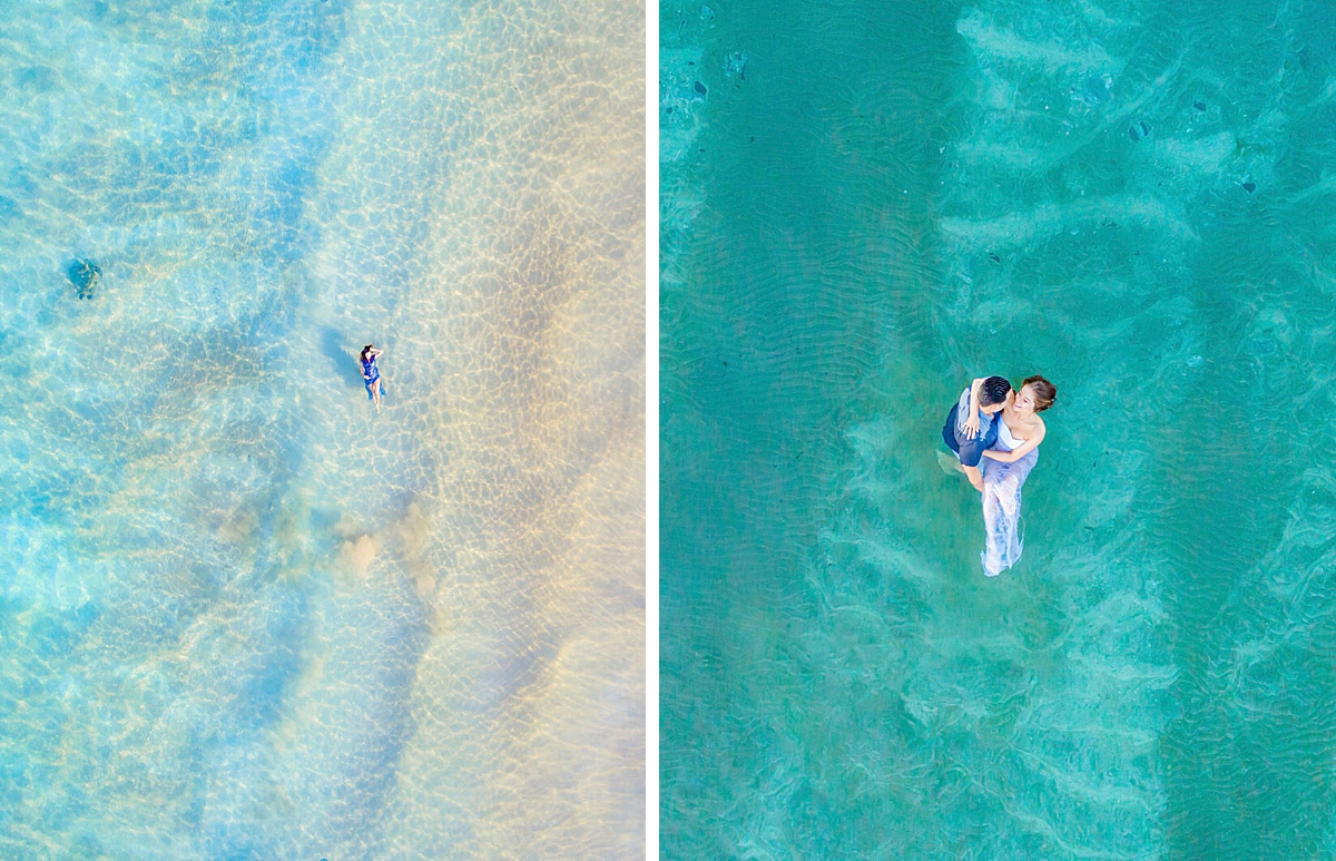 Drone portraits featuring pregnant woman and couple in the ocean in Hawaii during their babymoon