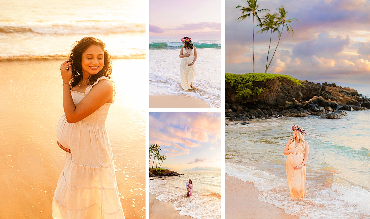 vertical sunset maternity portraits photographed in wailea with warm tones and beautiful gowns