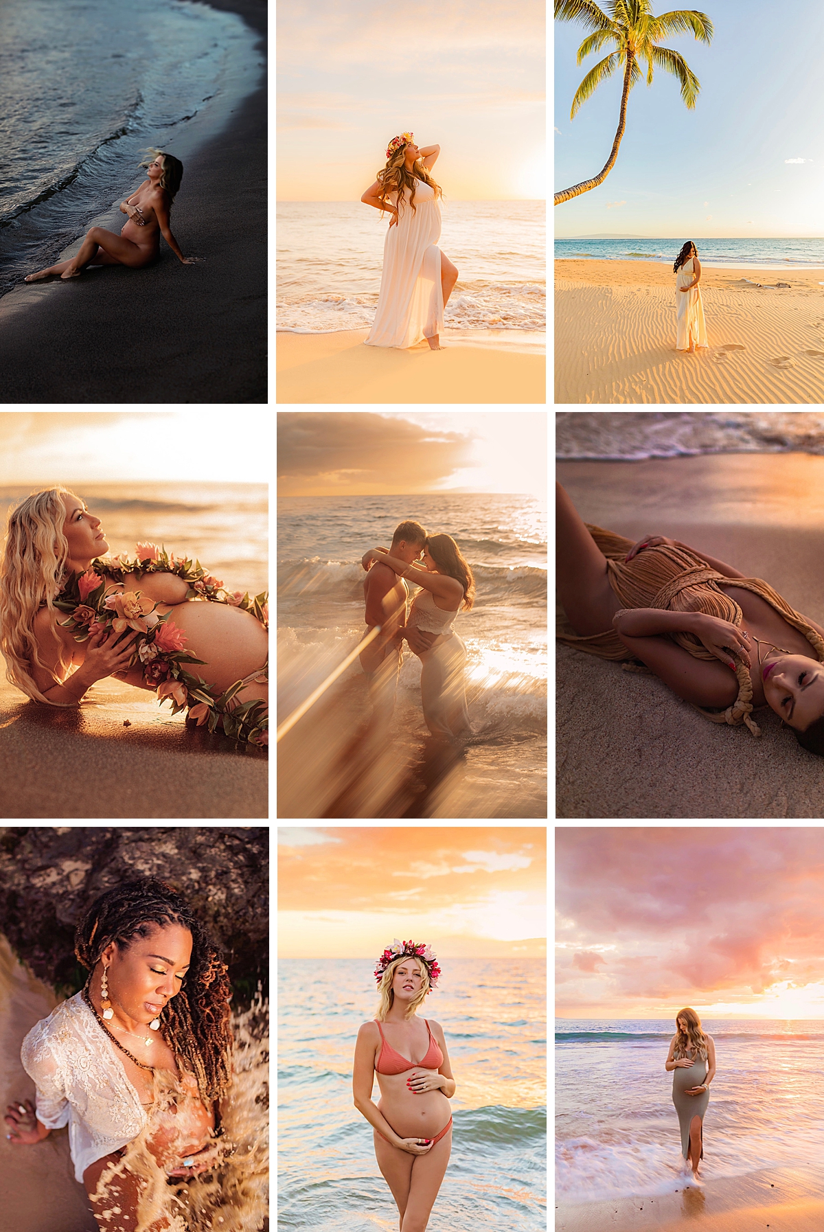 a selection of maternity portraits by love and water, photographed at and after sunset during the blue hour in maui