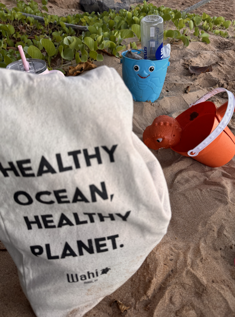 picking up trash at a Wailea beach at sunrise with a canvas cotton tote by wahi Hawaii