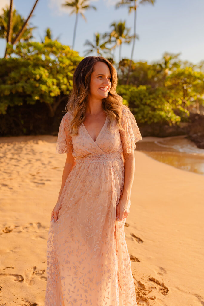 Beach photoshoot at sunset featuring a beautiful Baltic Born maternity maxi dress